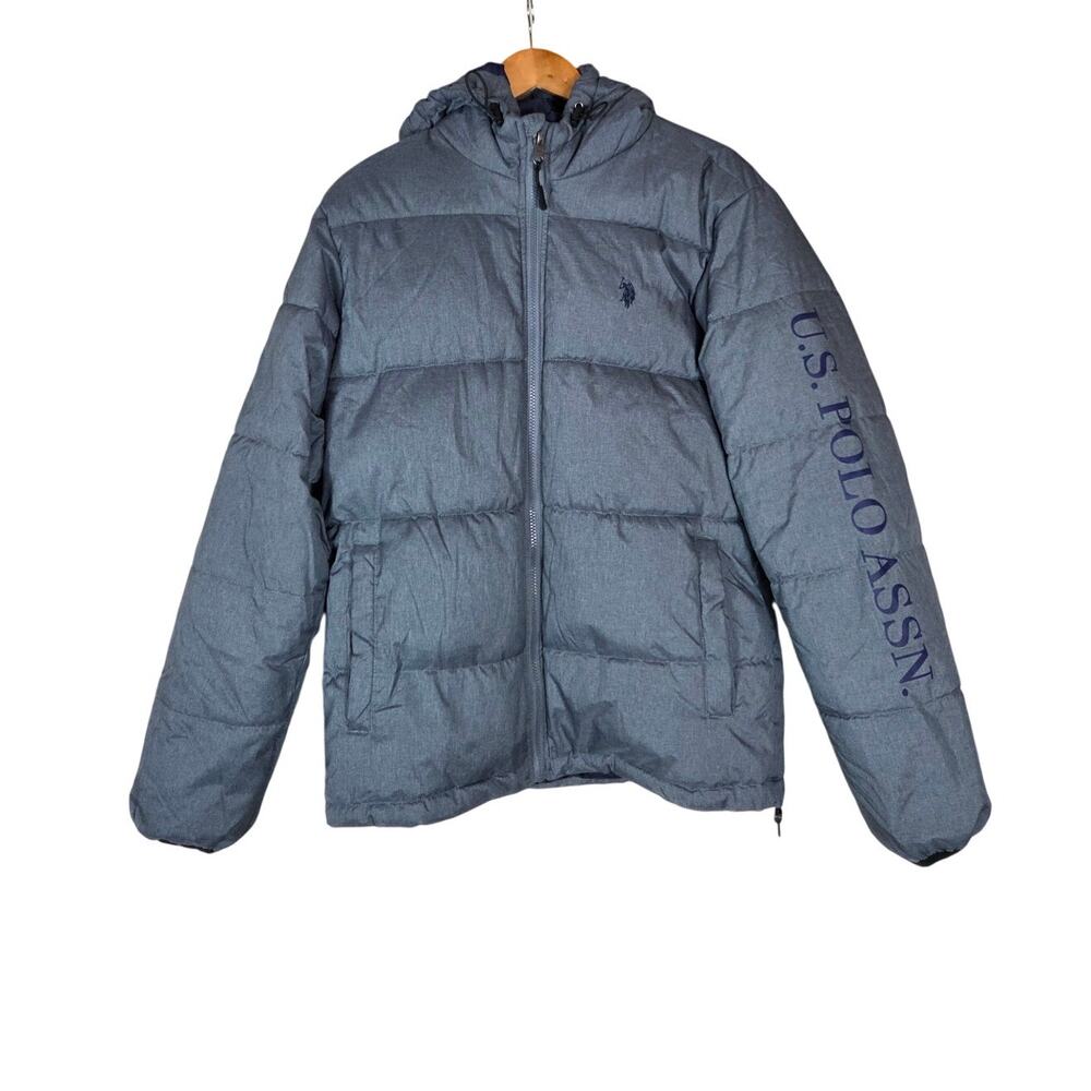 U.S. Polo Assn Men's Gray & Navy Blue Full Zip Puffer Jacket Size Medium Hooded